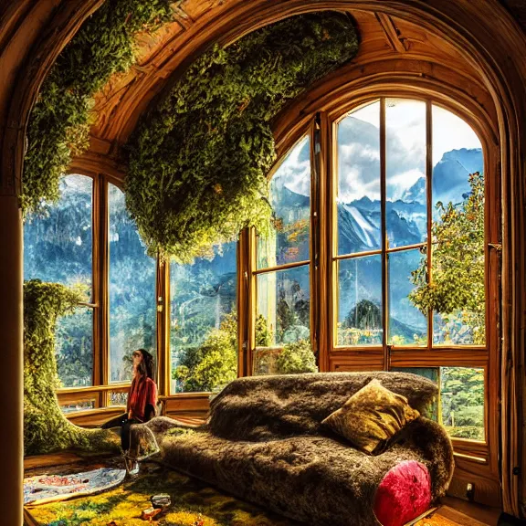 Image similar to fantastical living room with switzerland landscape in the window, beautiful dramatic lighting, overgrown with funghi, style by peter deligdisch, peterdraws