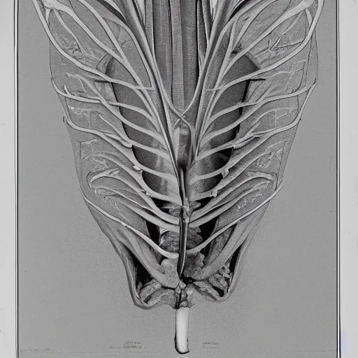 Prompt: clinical x - ray image of a jonquil in cut view with anatomical description, low coloration, highly detailed, 8 k