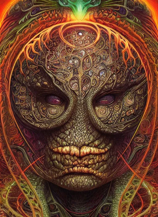 Prompt: duncan trussell glowing reptile eyes, shamanic poster lsd art, intricate, elegant, highly detailed, centered, digital painting, artstation, concept art, smooth, sharp focus, illustration, artgerm, tomasz alen kopera, peter mohrbacher, donato giancola, joseph christian leyendecker, wlop, frank frazetta