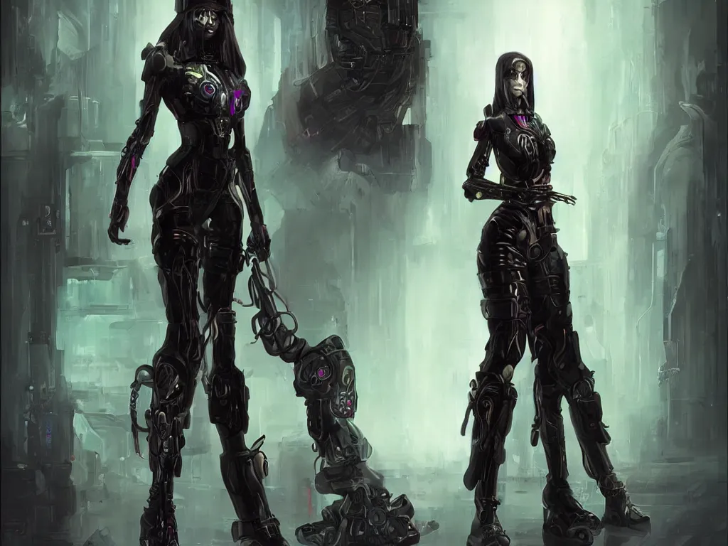 Image similar to cybernetic priestess, cyberpunk, gothic, fantasy, science fiction, character concept art, painting,