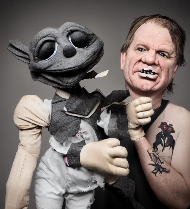 Image similar to hyper realistic photography of ventriloquist puppet, scott radke