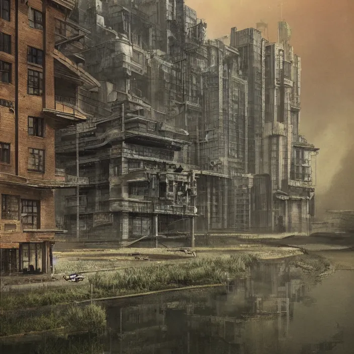 Prompt: a building in a serene landscape, dieselpunk