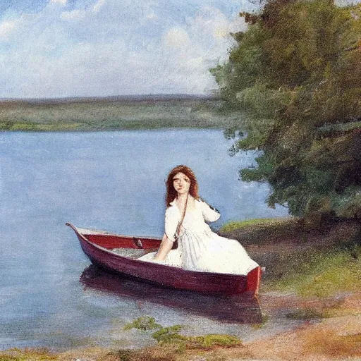 Image similar to a young woman wearing a white dress on a Swedish beach, a small rowboat is visible, in the style of zorn