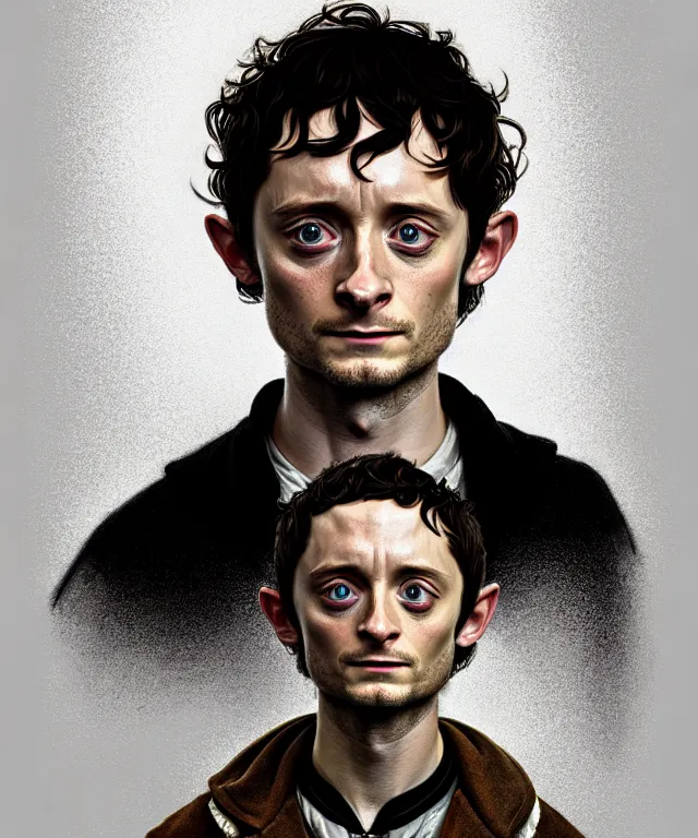 Prompt: a detailed fifty mm portrait of elijah wood as frodo hobbit in a black adidas track suit with white stripes, gold chains, headshot, highly detailed, digital painting, artstation, concept art, sharp focus, cinematic lighting, illustration, art by met mangindaan, artgerm and greg rutkowski, alphonse mucha, cgsociety - no cameron