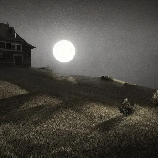 Image similar to A creepy dark big house on the top of a hill, dramatic moonlight scene. Cinematic god ray tracing