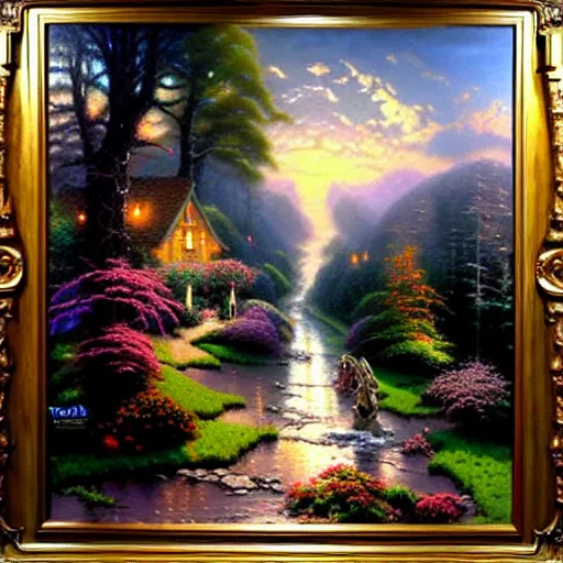 Prompt: ethos of ego. mythos of id. by thomas kinkade, hyperrealistic photorealism acrylic on canvas