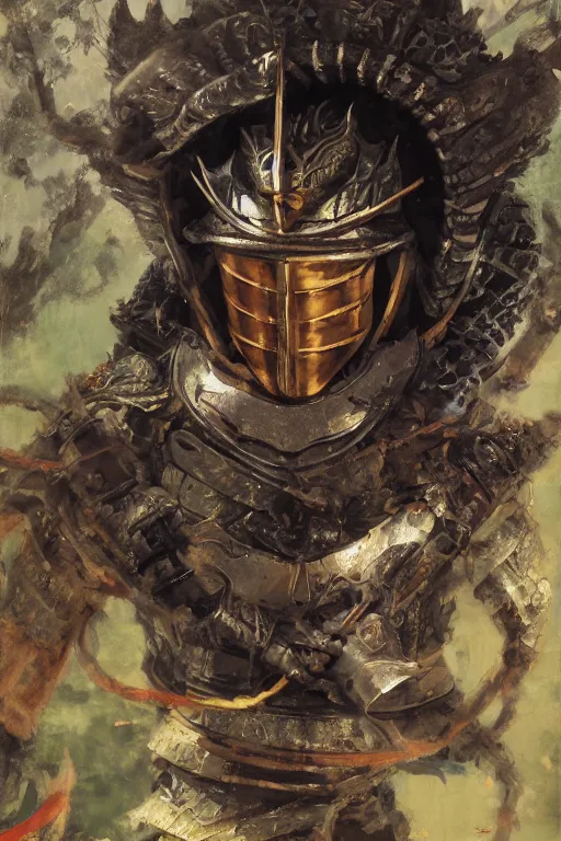 Image similar to close up of a wandering samurai in full armor resembling dragon skin and a helmet resembling a dragon head, resting in a dark bamboo forest, by huang guangjian and gil elvgren, sachin teng, greg manchess