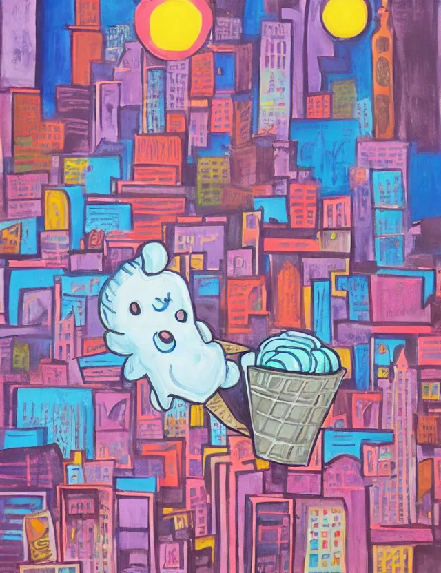 Prompt: ice cream spirit lost in a metropolis. this art noveau gouache painting by the award - winning artist has an interesting color scheme.