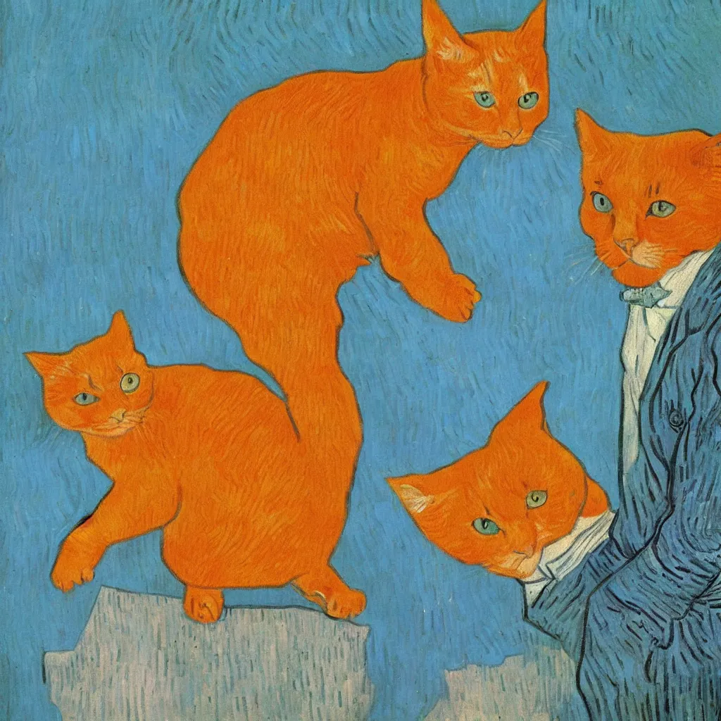 Prompt: a portrait of a ginger orange cat, wearing a light blue suit, by Vincent Van Gogh