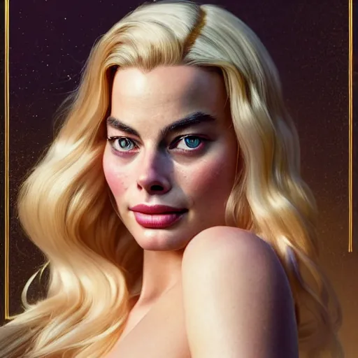 Image similar to a beautiful portrait of margot robbie as cute barbie ; crisp sharp focus ; ultra realistic, concept art, intricate details, stunning model, highly detailed, photorealistic, octane render, 8 k, unreal engine. art by artgerm and greg rutkowski and charlie bowater and magali villeneuve and alphonse mucha