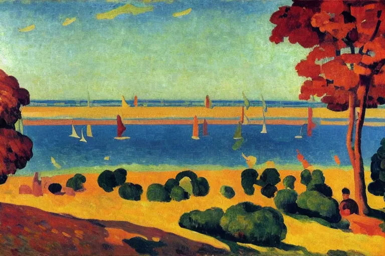 Image similar to A vivid landscape painting of the Chesapeake bay in the fall, bathed in golden light, peaceful, sailboats, birds in the distance, golden ratio, fauvisme, art du XIXe siècle, figurative oil on canvas by André Derain, Albert Marquet, Auguste Herbin, Louis Valtat, Musée d'Orsay catalogue