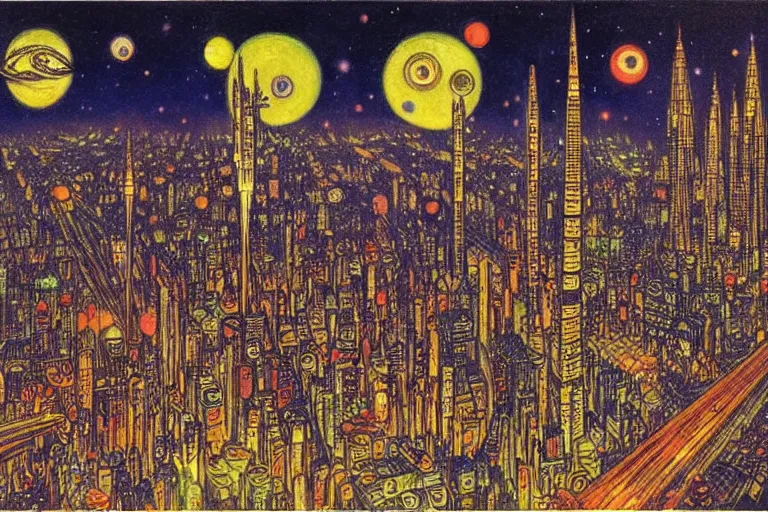 Image similar to a scifi illustration, Night City on Coruscant by Louis Wain (1920)