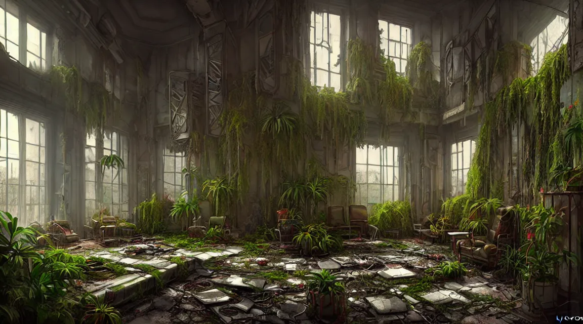 Image similar to post apocalyptic palace interior, interior plants, colorful color scheme, trending on cgsociety, photorealistic, hyperdetailed, hyperrealistic, game cg