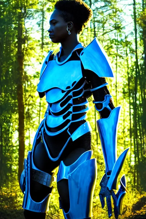 Image similar to hyperrealistic mithra goregous black woman exoskeleton bone armor in a forest sun behind her concept art eric zener elson peter cinematic blue light low angle hd 8k sharp shallow depth of field