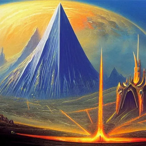 Image similar to barad - dur ( dark fortress ) and the eye of sauron, large scale painting by robert mccall and vladimir kush