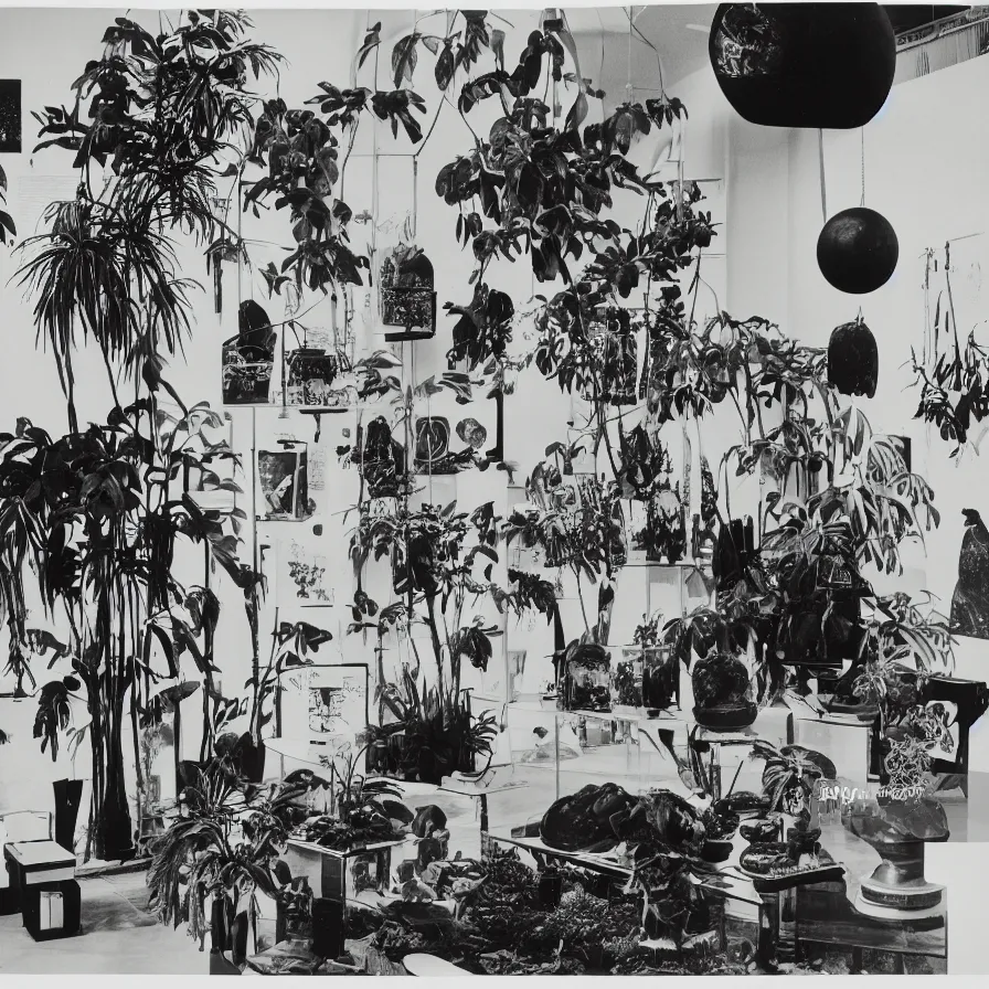 Image similar to A black and white photography of an exhibition space with objects of Sun Ra, Marcel Duchamp and tropical plants, 60s, offset lithography print, newspaper, detail