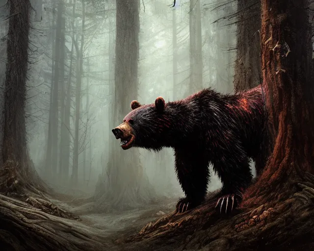 Image similar to 5 5 mm portrait photo of an armored demonic undead rotting bear with red eyes looking at the camera, in a magical forest. magical atmosphere. art by greg rutkowski and luis royo. highly detailed 8 k. intricate. lifelike. soft light. nikon d 8 5 0.