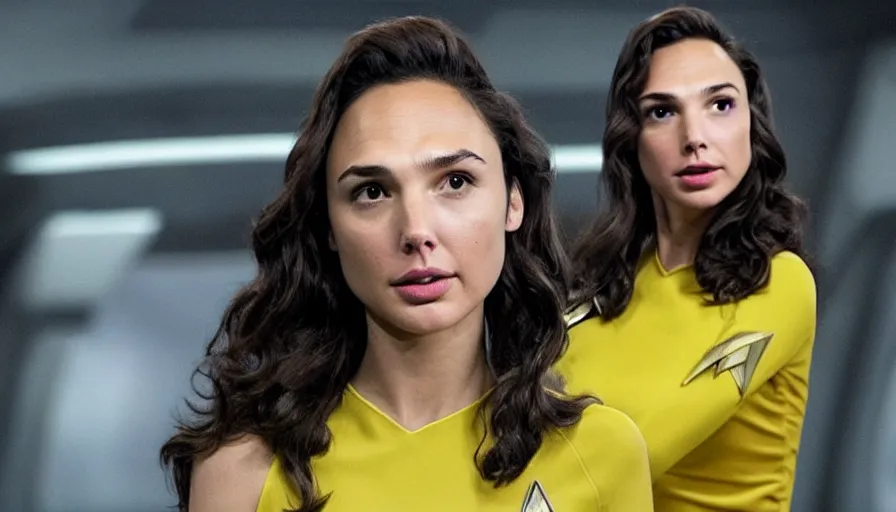 Image similar to Gal Gadot, wearing a yellow uniform, is the captain of the starship Enterprise in the new Star Trek movie