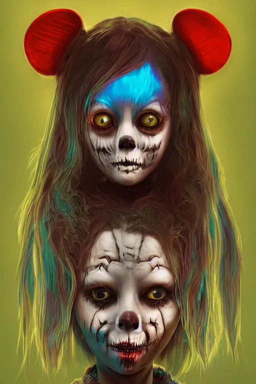 Prompt: portrait of a creepy horror monoxide punk girl with teddy bear mask . intricate abstract. intricate artwork. nightmare fuel. terrifying. by Tooth Wu, wlop, beeple, dan mumford , trending on artstation, greg rutkowski very coherent symmetrical artwork. cinematic, hyper realism, high detail, octane render, 8k, iridescent accents