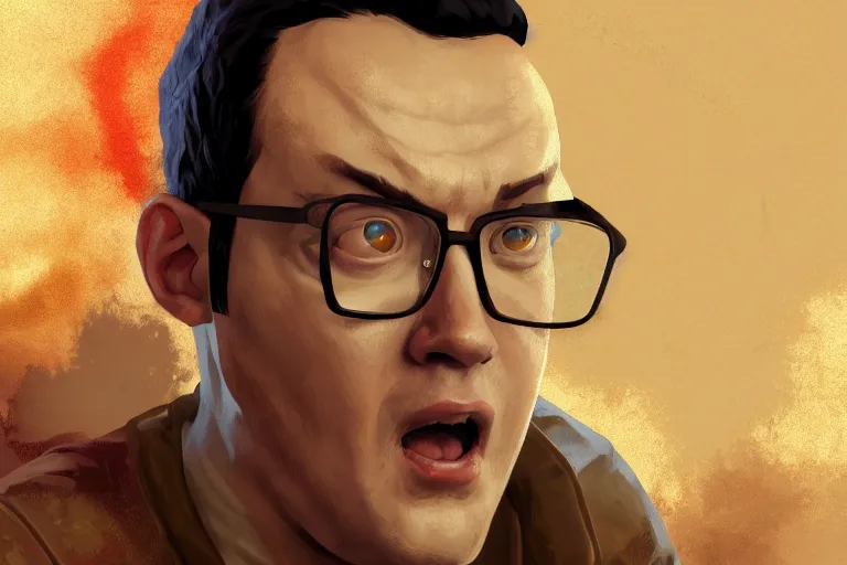 Prompt: portrait of james rolfe the angry video game nerd shooting demons with nes zapper, rule of thirds, league of legends splash art, path traced, enigmatic lighting, beige gradient, shinji aramaki, karol bak, alphonse mucha, colin searle, artstation, ray tracing, octane unreal engine 5, digital painting