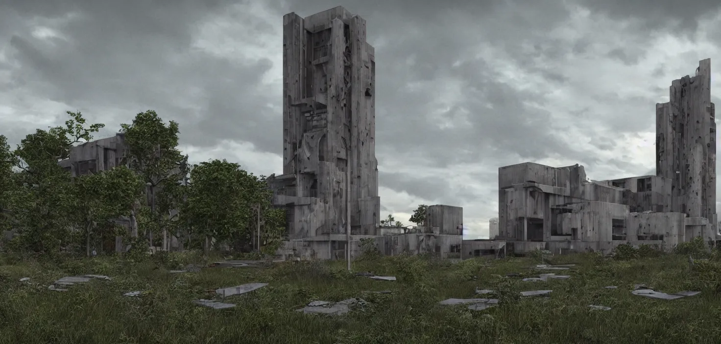 Image similar to an extremely detailed cathedral of brutalist architecture by Le Corbusier, surrounded by lush green vegetation, stunning volumetric lighting, sunset, rusted metal, concrete, translucent material, stunning skies, scattered rubbish and debris, 8k, photorealistic, hyper detailed, unreal engine 5, IMAX quality, cinematic, epic lighting, digital painting in the style of DOOM and Quake, by Greg Rutkowski, trending on Artstation