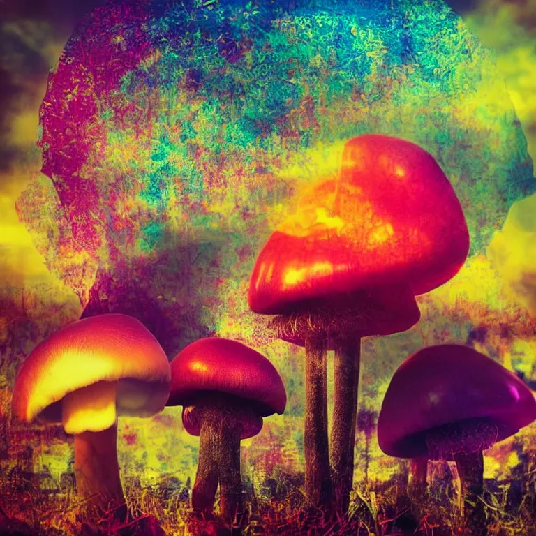 Image similar to double exposure of dally life, symbols of live, explosion, cyber mushroom city, love is the most relevant theme, love is infinity, love is begin of all, 8 k resolution, artistic mode, artistic, trending on instagram, long exposure, love art, serious, fantasy and dreams vibes, mushrooms style and macro style, colorful picture