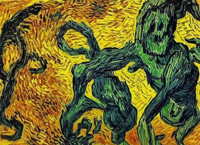 Image similar to giant monster in the style of vincent van gogh, dappled light, monstrous, gigantic