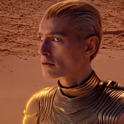 Image similar to a beautiful athletic male god alien with holographic skin, dune movie still, cinematic, beautiful, 8 k