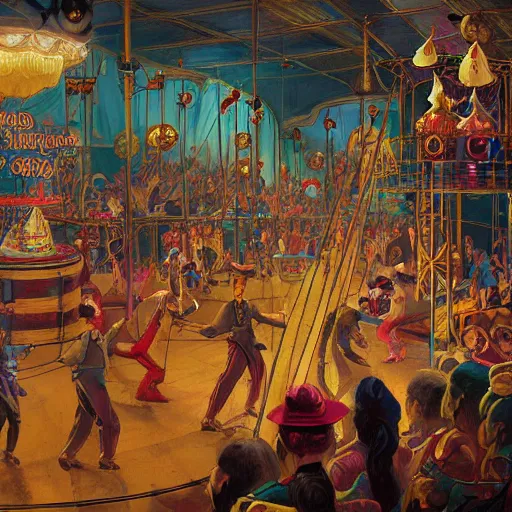 Prompt: a painting of a circus in the gilded age, illustration, painted by cristopher rush, josan gonzalez