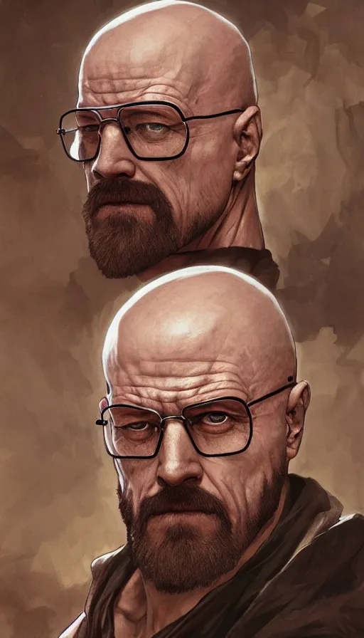 Image similar to Heisenberg as Kratos, highly detailed, digital painting, artstation, concept art, smooth, sharp focus, illustration, ArtStation, art by artgerm and greg rutkowski and alphonse mucha and J. C. Leyendecker and Edmund Blair Leighton and Katsuhiro Otomo and Geof Darrow and Phil hale and Ashley wood and Ilya repin and Charlie Bowater