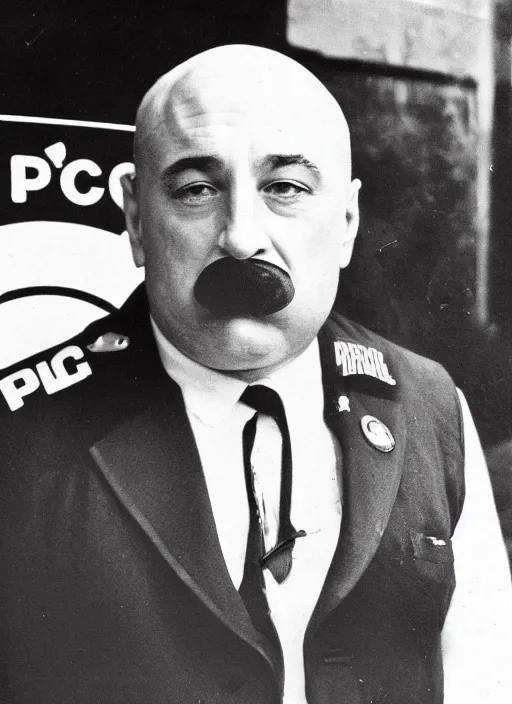 Prompt: portrait photo of a fat and bald Robert deniro with a mustache and tiny eyes as a policeman, detailed