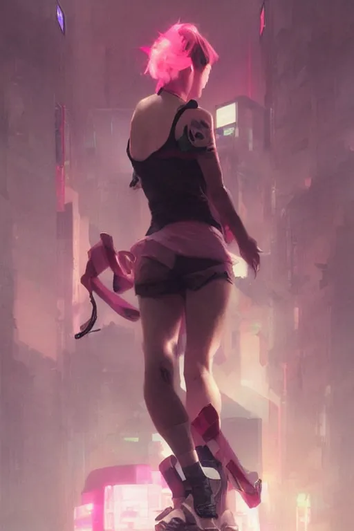 Image similar to Korean cyberpunk female with torn pink tank top, digital art from artstation by Ruan Jia and Mandy Jurgens and Artgerm and william-adolphe bouguereau