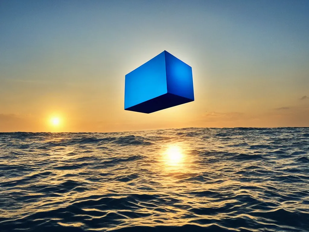 Prompt: a hyper realistic tesseract floating above the waves on a picturesque beach, golden hour, award winning photography, dazzling