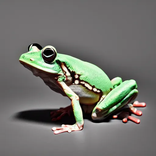 Prompt: A muscular frog lifting weights, studio photography