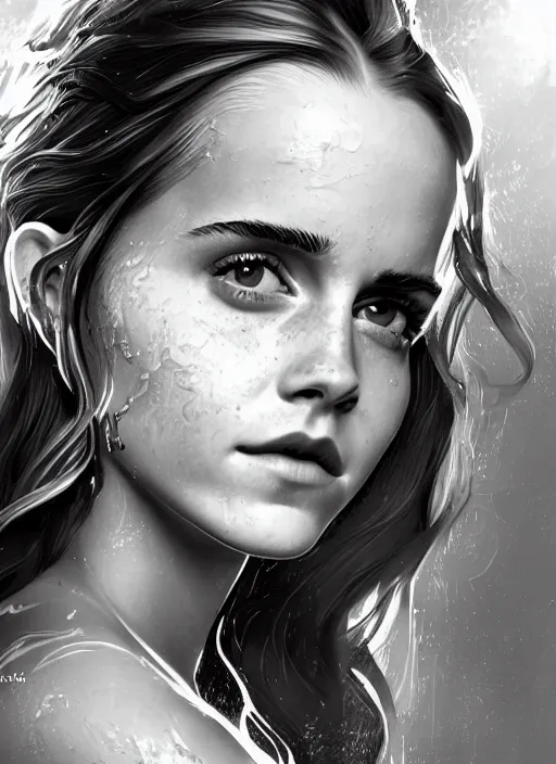 Image similar to a highly detailed illustration of emma watson washing hair, dramatic smiling pose, perfect face, intricate, elegant, highly detailed, centered, digital painting, artstation, concept art, smooth, sharp focus, league of legends concept art, wlop