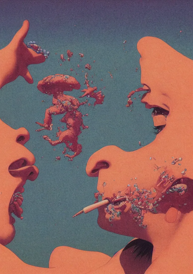 Prompt: a closeup portrait of a kind man licking a tab of LSD acid on his tongue and dreaming psychedelic hallucinations, by kawase hasui, moebius, Edward Hopper and James Gilleard, Zdzislaw Beksinski, Steven Outram colorful flat surreal design, hd, 8k, artstation