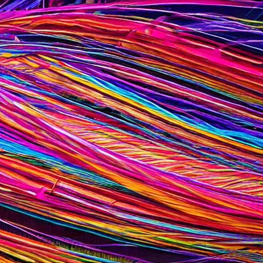 Prompt: thousands of thin twisted ribbons of colorful fabric unravel chaotically in strong winds across a dark night sky, unreal engine