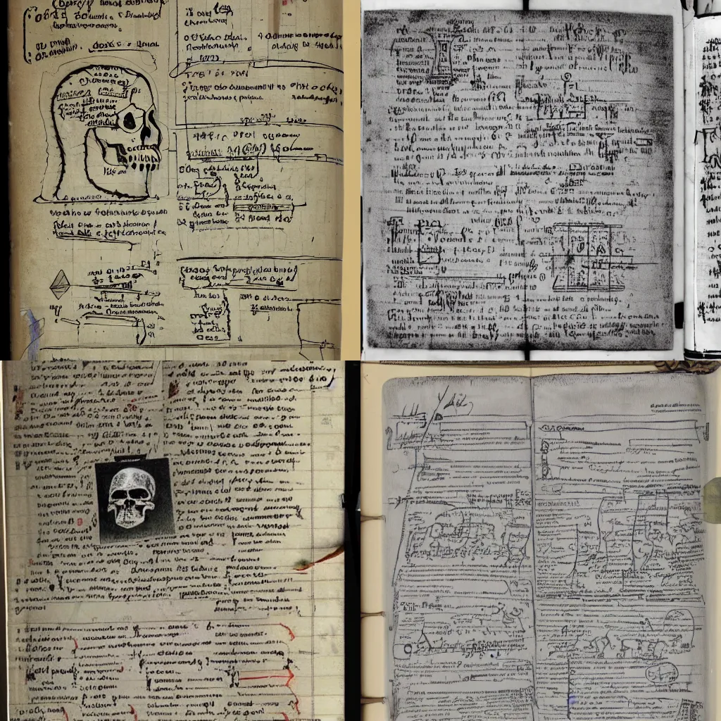 Prompt: scan of page from the diary of a mad scientist, drawings of skulls, insane scribblings, calculations and formulas, jumble of scribbled notes and diagrams