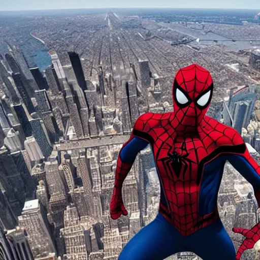 Prompt: marvel spider - man back standing on top of the empire state building