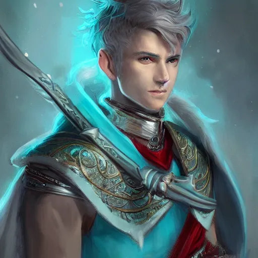 Image similar to half length portrait of a handsome male snow elf in a turquoise cape and silver ornate armour as an archer, albino skin, pale pointed ears, winter vibes, perfect face, elegant, very coherent symmetrical artwork, atmospheric lighting, rule of thirds, by wenjun lin, krenz cushart, charlie bowater, trending on artstation