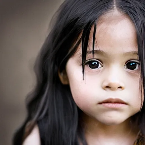 Prompt: an amazing award winning portrait photo of a 5 year old girl with black long hair, cinematic masterpiece