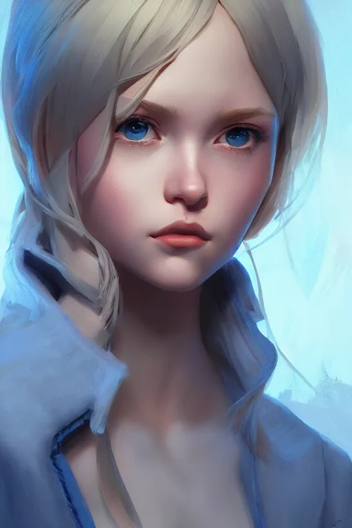 Image similar to complicated dynamic composition, by Loish,ilya kuvshinov,krenz cushart ,Greg Rutkowski, trending on artstation. Zbrush sculpt colored, Octane render in Maya and Houdini VFX,realistic close-up face of cute young blonde girl, deep blue eyes, Amazing textured brush strokes, studio lighting.