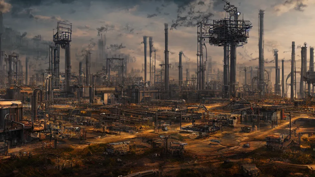 Image similar to industrial site, fantasy artwork, very very very beautiful scenery, hd, hdr, ue5, ue6, unreal engine 5, cinematic 4k wallpaper, 8k, ultra detailed, high resolution, artstation, award winning