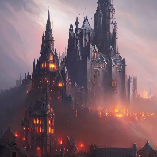 Image similar to a fantasy castle, ground level, dramatic lighting, city background, chiaroscuro, high detail, painted by greg rutkowski, painted by igor kieryluk, painted by bobby chiu, trending on artstation