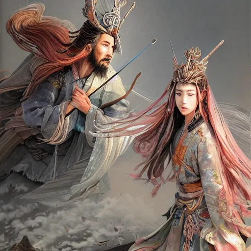 Image similar to dynamic composition, motion, ultra-detailed, incredibly detailed, a lot of details, amazing fine details and brush strokes, colorful and grayish palette, smooth, HD semirealistic anime CG concept art digital painting, watercolor oil painting of meadow and sunrise, from Three Kingdoms, by a Chinese artist at ArtStation, by Huang Guangjian, Fenghua Zhong, Ruan Jia, Xin Jin and Wei Chang. Realistic artwork of a Chinese videogame, gradients, gentle an harmonic grayish colors.