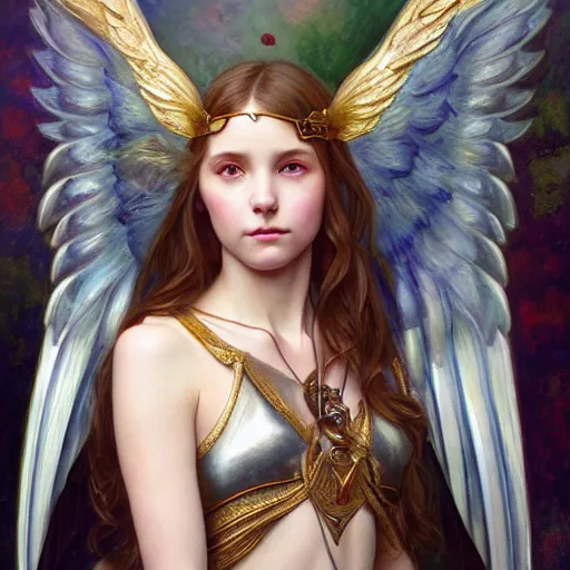 Image similar to portrait of young aasimar angel girl maiden wearing comfy leather armor with beautiful feathered angel wings, brown eyes, by artgerm and greg rutkowski and alphonse mucha and andrei riabovitchev and Rossdraws and Bluesssatan and Mandy Jurgens and Stjepan Sejic, 4k oil on linen, vivid colors, colorful, photorealistic, high dynamic range, HDR, intricate, elegant, highly detailed, digital painting, artstation, concept art, smooth, sharp focus, illustration, mid-shot, medium shot, hyperdetailed