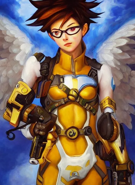 Image similar to full body oil painting of tracer overwatch in the style of sophie anderson, angel wings, angelic golden armor, dramatic painting, symmetrical composition, ornate, high detail, gold detailed collar!!!!!, blooming, lights, flowers, detailed face,