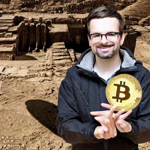 Prompt: a photograph of an archaeologist posing with ancient uncovered bitcoin coins