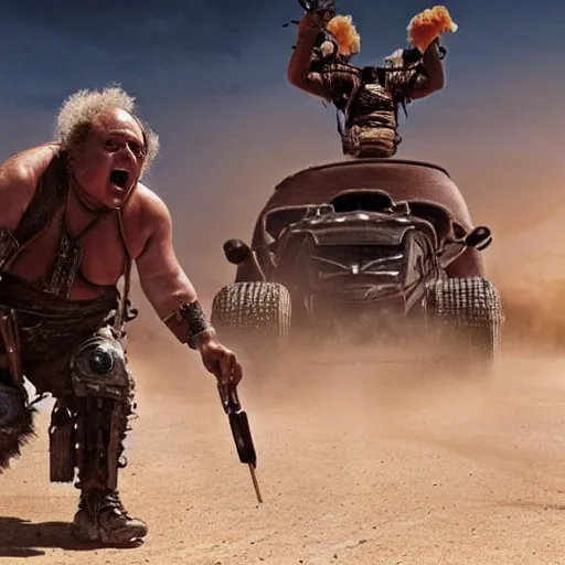 Prompt: Danny Devito as master blaster, screenshot from mad max beyond thunderdome, detailed, 4k