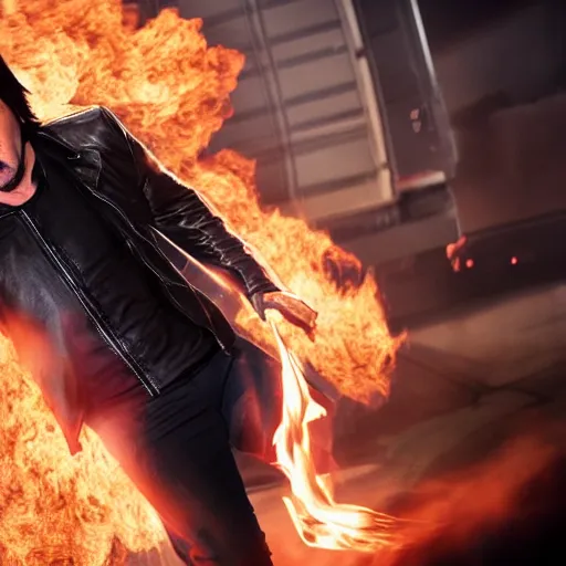 Image similar to keanu reeves as ghostrider, 8k, marvel movie, cinematic,